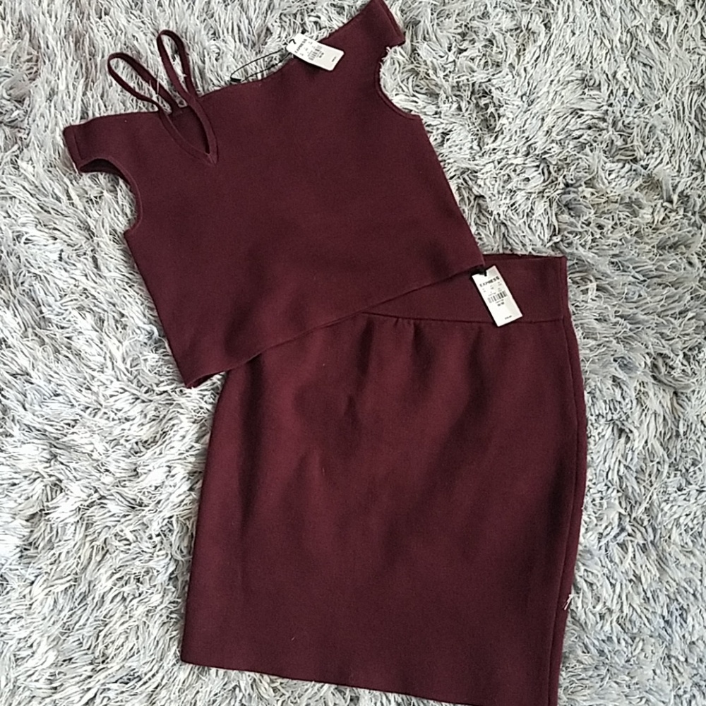 Burgundy express crop top with matching skirt